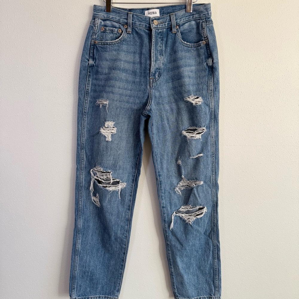 Pistola High Rise Distressed Straight Leg Jeans Size 25 Light Wash Button Fly